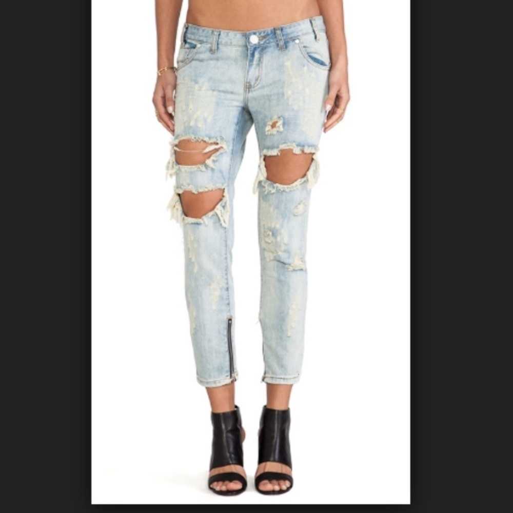One Teaspoon Saint Trashed Free Birds Distressed Blue Ankle Cropped Jeans